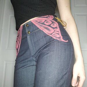 Vintage Bratz Y2K pink butterfly suede lace up high rise dark wash bootcut jeans